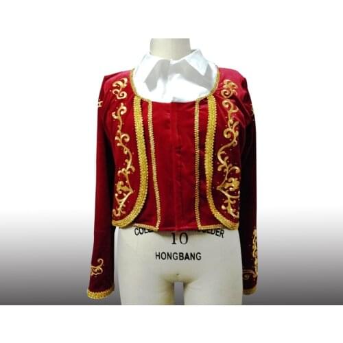 Red velvet gold applique gold trim mans ballet jacket Mens performance dance jacket