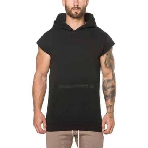 2021 New Summer European Size Mens Solid Color Pocket Zip-loose High Street Sports Hooded Mens T-shirt