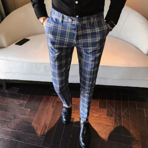 Men Dress Pants Slim Fit Formal Business Plaid Pants Men Pantalon A Carreau Homme Vintage Check Suit Trousers Wedding Pants