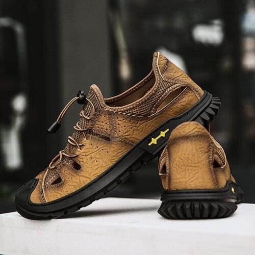 Mens Outdoor Closed Toe Leather Sandals Beach Slipper Shoes Slip on Sandals Closed Toe Fisherman