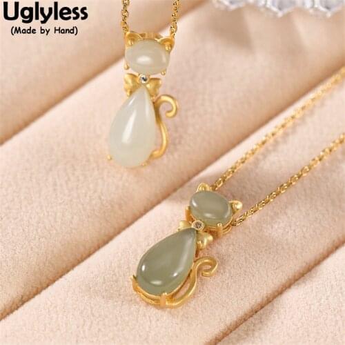 Uglyless Crystals Bow Tie Gentle Cat Kitty Necklaces Women Creative Animals Pendants +Chain Natural Jade Cats Jewelry 925 Silver