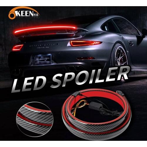 OKEEN 130cm Universal Black Carbon Fiber LED Exterior Rear Spoiler Lip Kit For Car Trunk Driving Lamp Brake Light Strip Splitter