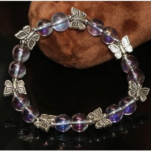 Original design fashion round beads pretty butterfly accessories 8mm purple eletcroplate crystal bracelets jewelry 7.5inch B2149