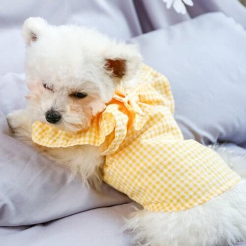 Pet Dog Dress Thin Clothes Yellow Plaid Bowknot Dress Skirt Puppy Cat Princess Clothes Breathable Pet Costumes