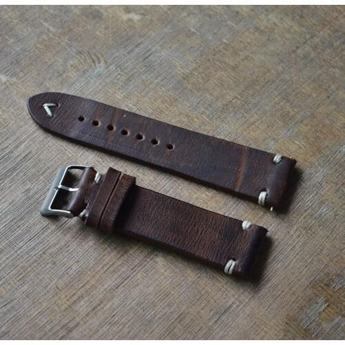 Hand Made Hand Stitched Vintage Leather Watch Strap 20mm 22mm 24mm Distressed Look Watch Bands Stainless Steel Polished Buckle