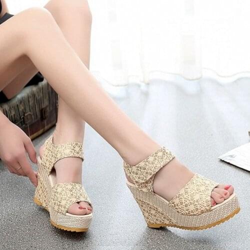 Women Sandals 2020 Summer Fashion Lace Hollow Gladiator Wedges Shoes Woman Slides Peep Toe Hook & Loop Solid Lady Casual 35-40