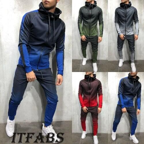 Fashion Men Color Gradient Sport Trackies Tracksuit Set Zipper Hoodie Slim Suit Sweatersuit