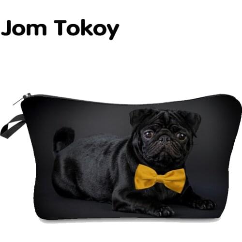 Heat Transfer Printing Black Pug With Bow Tie makeup bag Jom Tokoy cosmetic organizer bag Fashion Women Brand Cosmetic Bag