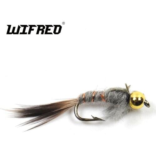 Wifreo 10PCS 12# Golden Beadhead Grey Hares Ear Black Tail Stonefly Nymph Fly Trout Fly Fishing Baits