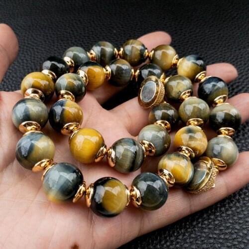 Y·YING Natural Stone 14mm Yellow Blue Tiger Smooth Round Bead Necklace 19" Women Men Fashion Jewelry
