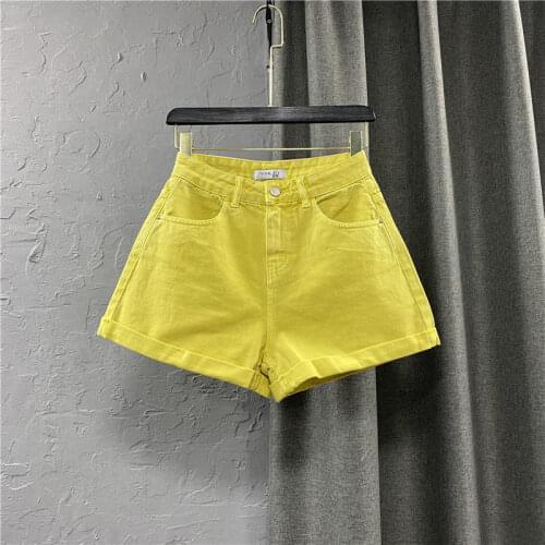 Women 2021 Summer New Fashion Curling Denim Shorts Female High Waist Wide Leg Shorts Ladies Solid Color Hot Short Jeans Y88