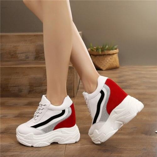 Bling Shoes 2020 Autumn Wedges Shoes Woman Platform Sneakers Lace Up Hidden Heel Height Increasing 11cm Casual Shoes For Women