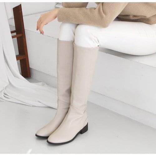 2020 Winter Knee High Boots Leather High Heel Boots Zipper Round Toe Shoes Ladies Size 33-42 Black White