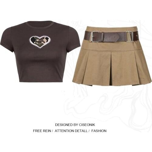 Fat Women Camouflage Love Print T Shirt Short Sleeve Crop Top + Pleated Khaki Skirt Set with Belt Punk Student Women Set Plus