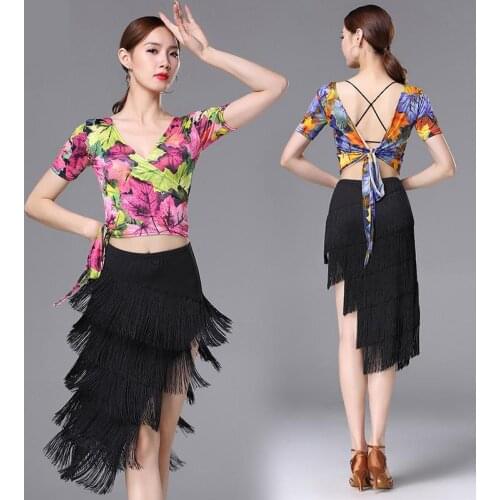 New Fashion Latin Dance Dress Beveled Skirt Tops And Tassel Skirts Ballroom Women Sexy Rumba Samba Performance Costume 2 Pieces