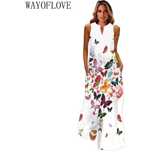 WAYOFLOVE Butterfly Printed White Dress 2021 Casual Breathable Long Dresses Summer Woman Sleeveless Girls Beach Maxi Dress Women