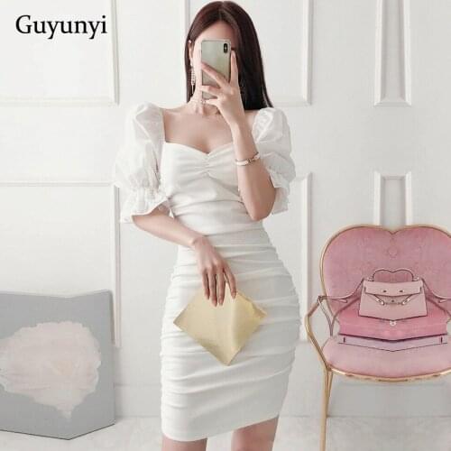 Elegant Party Dress 2021 Summer White Square Neck Puff Sleeve High Waist Tight Shirring Both Side Temperament Office Lady Dress
