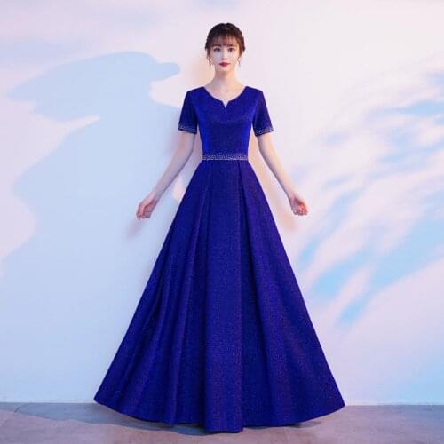 Blue V-Neck Simple Evening Dress Elegant Short Sleeves Bling A-Line Beads Empire New Floor-Length Woman Formal Party Gowns A1292