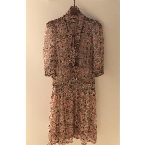 2021 NEW Woman Floral Print Short Sleeves V-neck with Tied Beaded Detail Fashion Short Dress