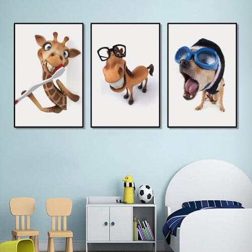 3pcs Funny Cute Dog Giraffe Horse Animal Nordic Unframed Canvas Painting Art Print Poster Kids Room Wall Home Decor