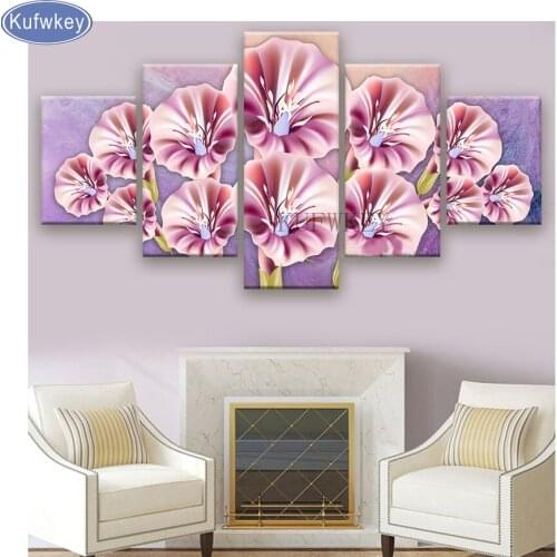 5d Diy Diamond Paintings Home Wall Art diamond embroidery Abstract Posters 5 Pieces pink rose flower Pictures Living Room Decor
