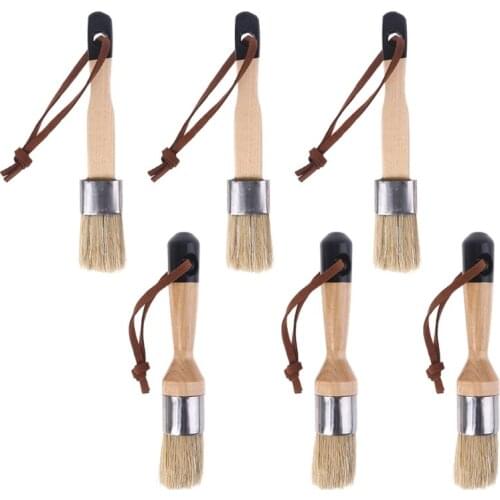 6 Pcs Round Chalk Paint Wax Brush Ergonomic Wood Handle Natural Bristle Brushes Furniture DIY Painting Waxing Tool