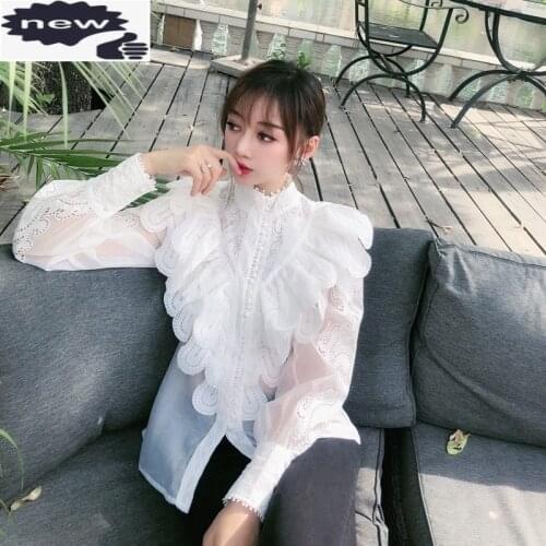Embroidery Ruffle Vintage White Shirt New Office Ladies Stand Collar Blouse Design Splice Loose Fit Shirts Female Cotton Blouses
