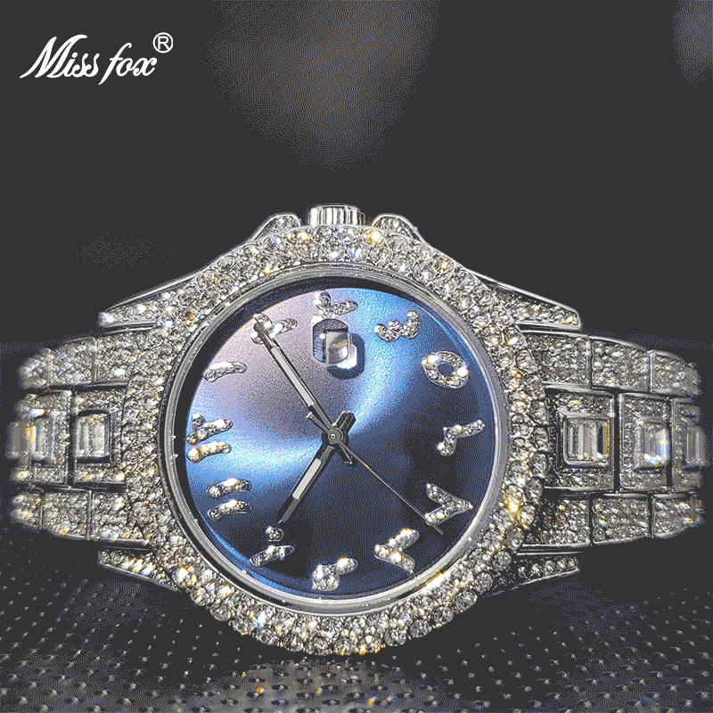 Relojes Para Hombre Marca de Lujo MISSFOX Iced Out Watch for Man Luxury Accessories Diamond Bracelet Blue Red Black Watches 2021
