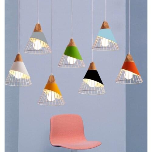 Wood Pendant Lights Fixtures Cone Metal Wire Shade White Hanging Light Ceiling Lamps for Kitchen Island Barn Warehouse Farmhouse