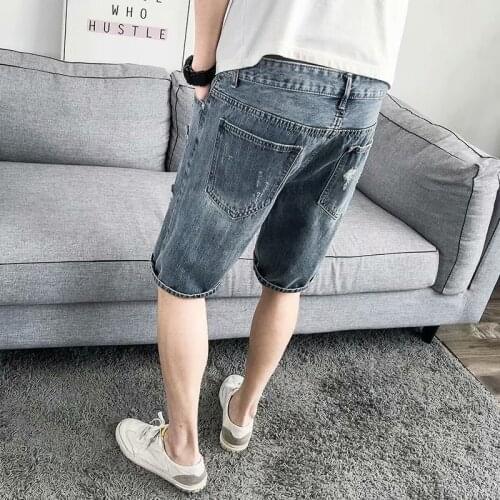 Summer Mens Knee Length Denim Shorts Hole Ripped Jeans Casual Streetwear Loose Fit Cowboy Bermuda Shorts New Straight Trousers