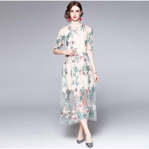 Elegant Flower Embroidered Mesh Women Dress 2021 Summer Short Sleeve O Neck High Waist Slim Party Dress