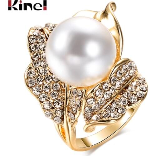 Kinel 2020 New Fashion Rose Pearl Big Rings For Women Statement Jewelry Vintage Gold Plating Ring Party Accessories Gifts