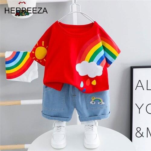 Prowow Rainbow Boys Clothes Set Casual Kids Baby Outfits Summer Childrens T-shirt + Denim Shorts Fashion Boys Toddler Costumes