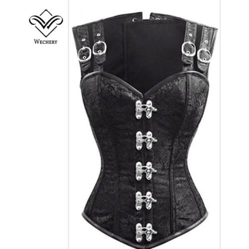 Wechery Steampunk Corset Gothic Clothing Corsets and Bustiers Gothic Black Strap Corset Slimming Vest 12 Steel Boned Bustier Top