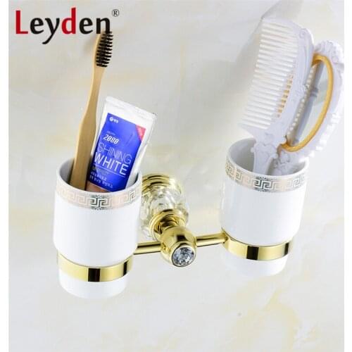 Leyden Luxury Golden Brass& Crystal Double Cup Tumbler Holder European Royal Wall Mount Toothbrush Cup Holder Bathroom Accessory