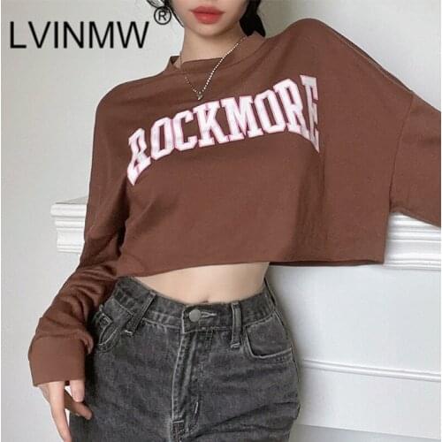 LVINMW Pullovers Letter Printed Long Sleeve Casual Daily Hoodies Crew Neck Navel Fashion Loose Tops Autumn Streetwear For Women