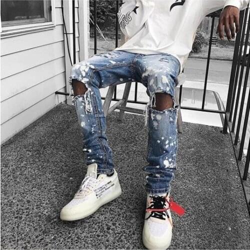 Fashion Mens Jeans New High-end Mens Pants Pencil Pants Offset Printing Hole Mens Jeans Slim Light Blue Jeans Men Clothing