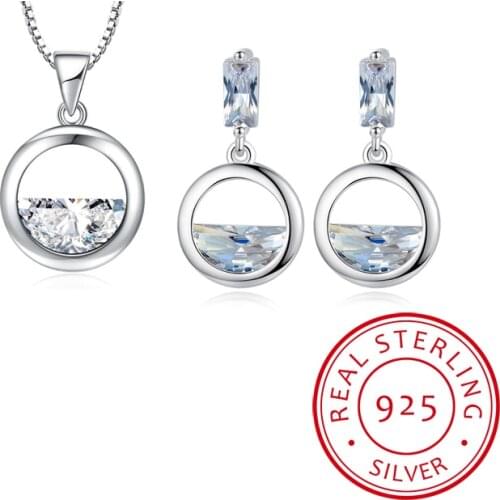 925 Sterling Silver Jewelry Sets Round Shaped Zirconia Water Drop Necklace+Earrings For Women Gift