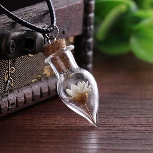 Handmade DIY Glass Cover Jewelry for Women Natural Daisy Dried Flower Necklace Female Drop-shaped Drift Bottle Pendant Necklace