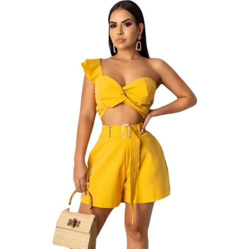 Sexy Party 2 Piece Set Womens Suit Draped Strapless Crop Top and High Waist Shorts with Belt Ladies Two Piece Outfits Female