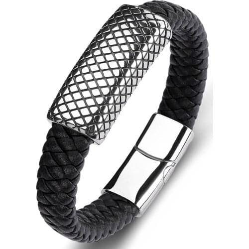 Fashion Braided Bracelet Men Punk Jewelry Grid Geometry Leather Bangles Stainless Steel Magnet Clasp Trendy Male Wristband P144