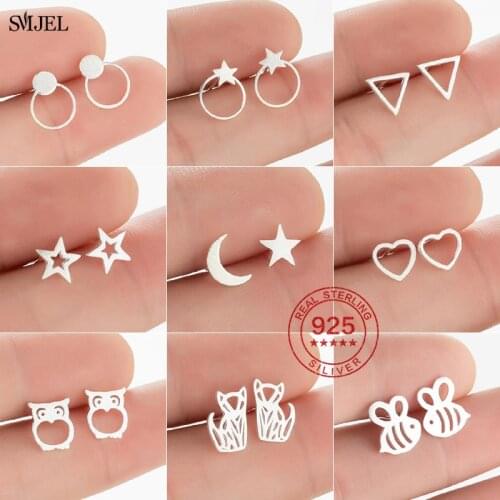 Real 925 Sterling Silver Geometric Earrings for Women Wedding Jewelry Cute Cat Owl Bee Star Earing Triangle Child Jewelry
