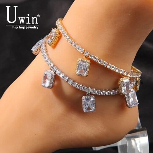Uwin Gem With Tennis Anklet 9inch extension Chain 4mm Iced Out Link Bling Bling Hip Hop Jewelry For Women Men