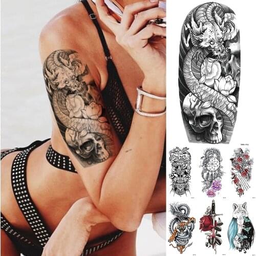 Waterproof Temporary Tattoo Sticker Japanese Skull Dragon Flash Tatto Lotus Tiger Lion Body Art Arm Fake Tatoo Women Men