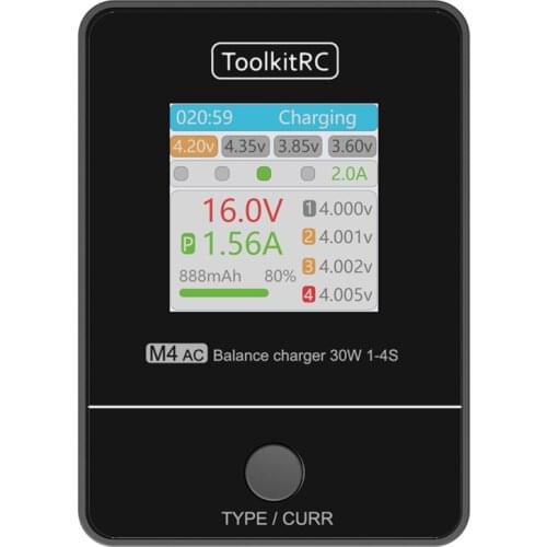 ToolkitRC M4AC 30W LiPO LiFE LiHV Compact AC Charger 1-4S XT30/ XT60 Interface for RC Model FPV Racing Freestyle Drone Batteries
