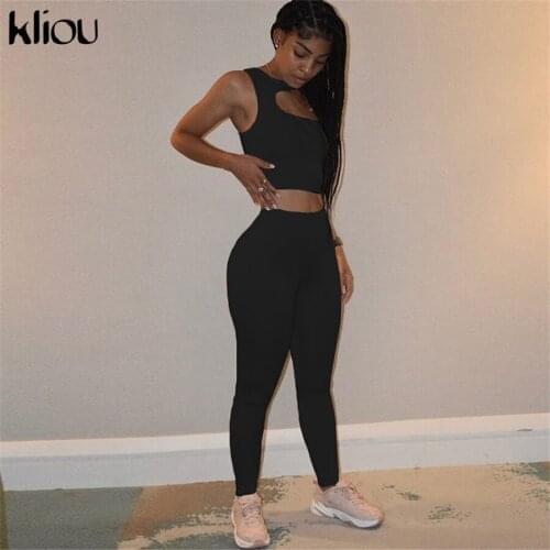 Kliou Solid Biker Style Two Piece Set Women Irregular Shape Sleeveless Top+Sheath Body-Shaping Sporty Slim Pants Street Wear