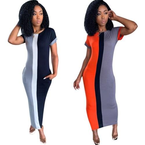 Echoine Summer Short Sleeve Striped Print Long Dress Women Slim Bodycon Vintage Vestidos Patchwork Party Club Long Dresses