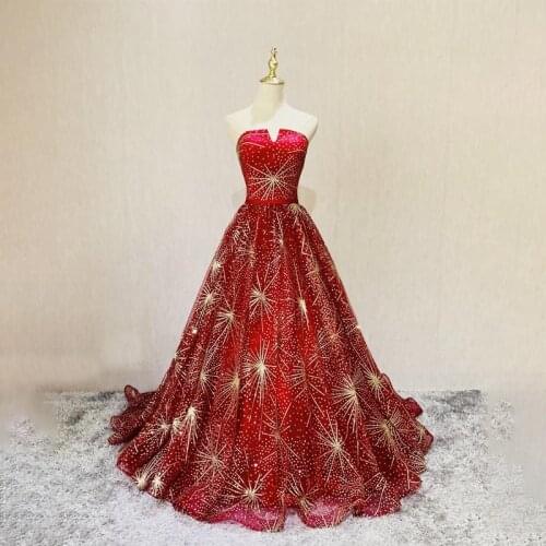 Evening Dress Sleeveless Sequins Appliques Pleat A-Line Lace Up Empire Floor-Length Strapless Party Formal Dresses Woman B961