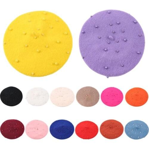 Fashion Wool Kids Hat with Pearls Candy Color Retro Baby Girl Cap Kids Beret Hats for Girls 2-6 Years 1PC