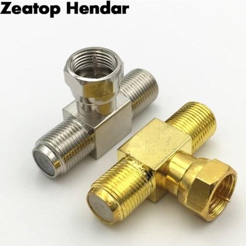 1Pcs Brass F Type 1 Male to 2 Female Jack F Plug to Dual F Jack Socket T Splitter 3 Way Adapter TV Coaxial Antenna Connector
